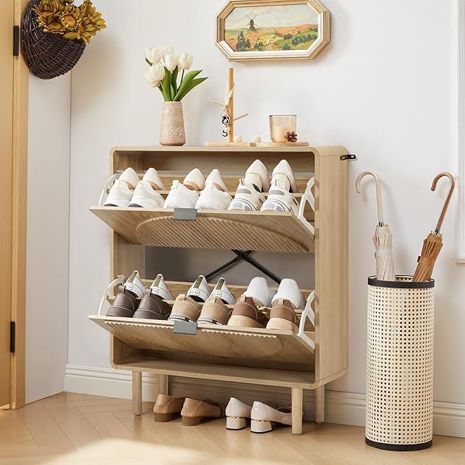 Turtle&Myrtle Modern Shoe Storage Cabinet for Entryway, Narrow Shoe Organizer Cabinet, 2-Tier Flip Down Drawers, Small Freestanding Hidden Wood Slim Shoe Rack,Round Fluted Pattern (Natural)