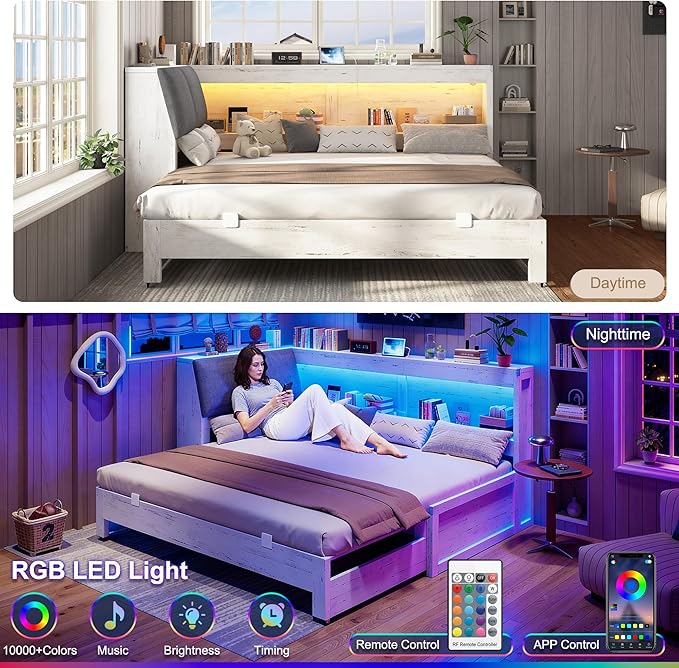 Corner Bed Frame with Extendable Trundle Bed and Bookcase Upholstered Headboard, 3-in-1 Twin Size Wood Daybed with LED Lights and Charging Station, for Bedroom, Guest Room, White