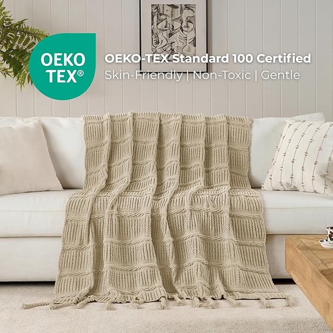 Boho Knitted Chenille Blanket with Tassels - Lightweight & Soft All-Season Throw - 3D Classic Pattern for Living Room Bedroom Couch, Sandy Beige, King 90"x108"