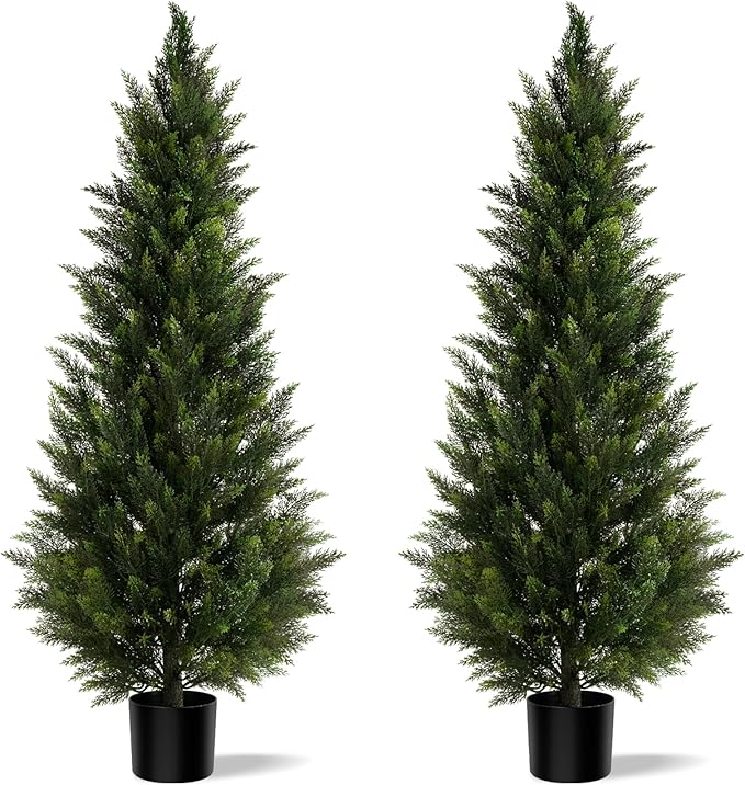 Outdoor Artificial Cedar Topiary Tree, Faux Evergreen Shrubs for Front Porch Decor, Lifelike Fake Bushes Plants for Home Living Room Front Door Decor (2, 5ft)