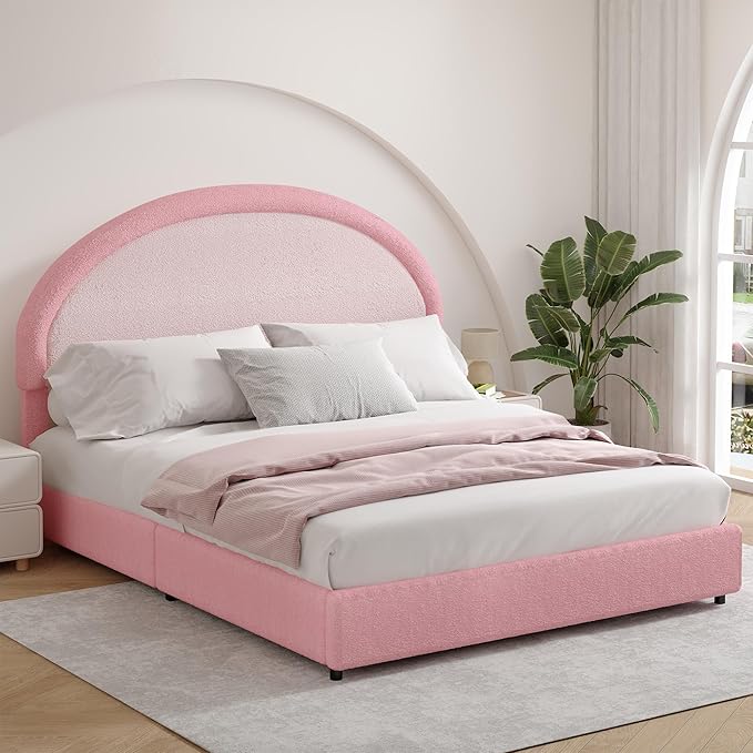 Queen Bed Frame, Boucle Upholstered Platform Bed Frame with Headboard, Pink Bed Frame, Soft Rounded Corners, No Box Spring Required, Easy Assembly