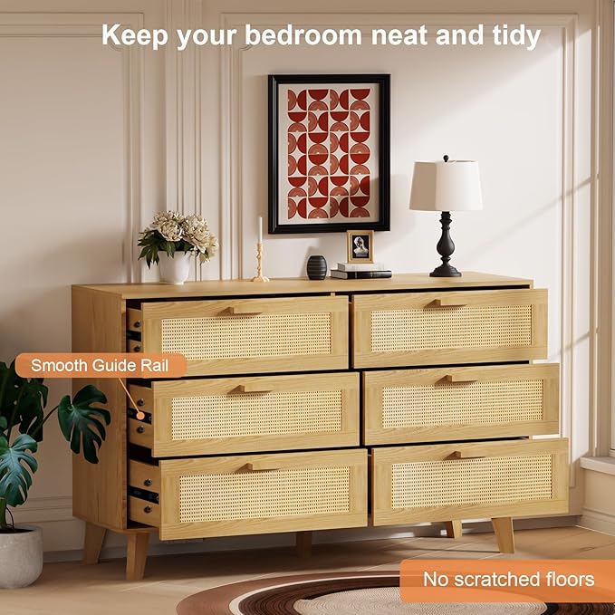 Wide Rattan Dresser, 6 Drawer Dressers Bedroom Furniture Large Storage Tower Unit, Dresser for Bedroom, Closet,Hallway, Walnut