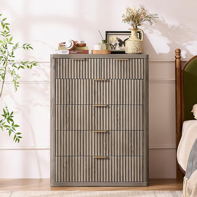 LEYAOYAO Fluted 6 Drawers Dresser for Bedroom Set of 2, 42" Tall Modern Chest of Drawers with Metal Handle, Curved Profile Design,Grey Wood Drawer Organizer for Bedroom, Living Room, Hallway