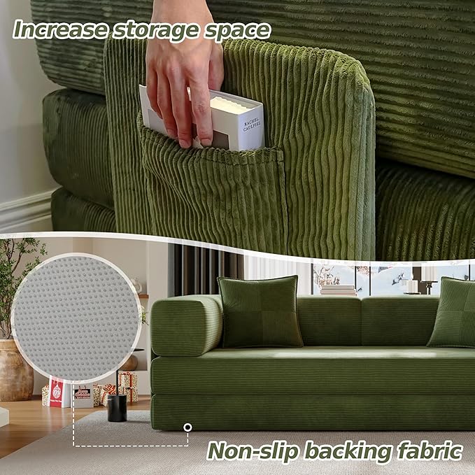 78.8" Convertible Sofa Bed,Corduroy Futon Couch with Storage Pocket,Folding Pull Out Futon Sofa,No Assembly Boneless Couch for Living Room,Green