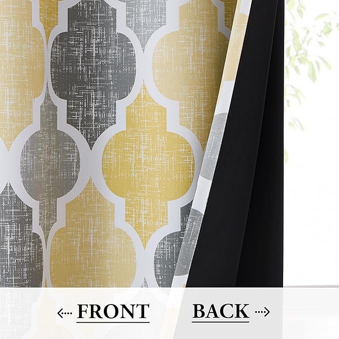 Beauoop 100% Blackout Curtains 45 Inches Long 2 Panels for Bedroom Living Room Yellow Grey Moroccan Geo Room Darkening Thermal Insulated Soundproof Grommet Top Window Treatments Drapes, 50x45 Set of 2