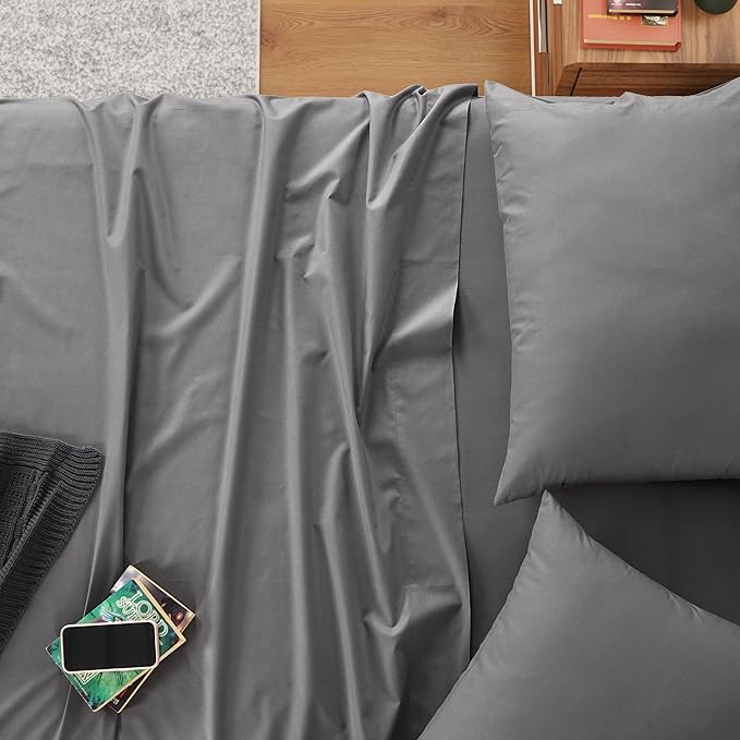 IZOD 100% Egyptian Cotton Sheets Set Twin Size, Cotton Percale Crisp Sheet Set 3Pc, Lightweight & Deep Pocket fits Upto 17", Long-Staple Soft Combed, Hotel Style Luxury Bedding Sheet - Carbon Steel