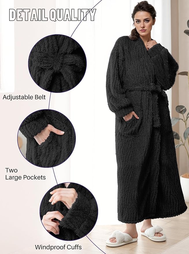 Artfasion Womens Long Fleece Robe - Warm Soft Floor Length Flannel Bathrobes for Winter Thicker Long House Coat with Pockets