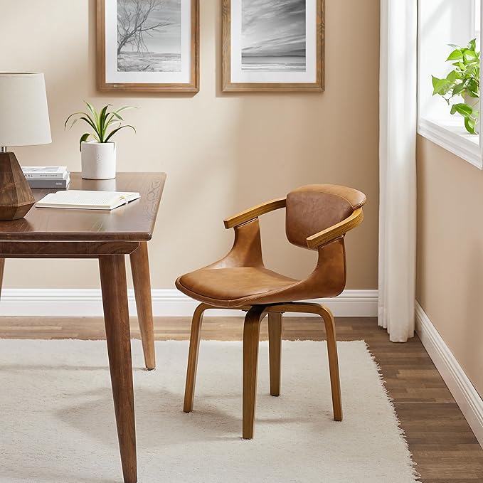 Art Leon Mid Century Modern Chair - Home Office Desk Chair Without Wheels, Faux Leather Comfy Swivel Accent Armless Chair for Living Room Bedroom Study, Retro Brown