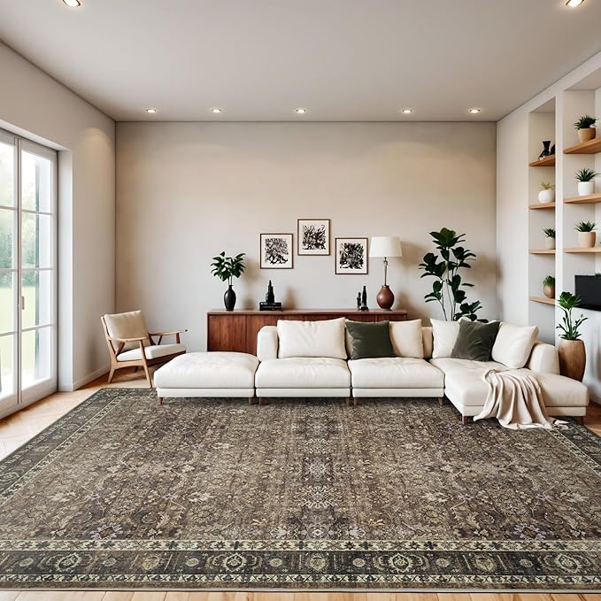 9x12 Vintage Washable Area Rug for Living Room,Low Pile Non Slip Carpet Non-Shedding Large Area Rug Soft Indoor Stain Resistant Rug Floral Print Mat for Bedroom Dining Room Brown Floral