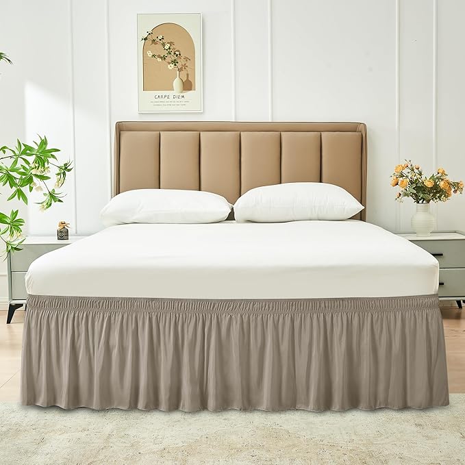 Biscaynebay Wrap Around Bed Skirts for Queen Size Beds 18" Drop, Taupe Adjustable Elastic Dust Ruffles Easy Fit Wrinkle Resistant Silky Luxurious Fabric Machine Washable