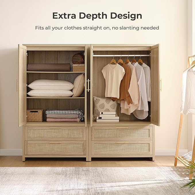 SICOTAS Larger Armoire Wardrobe Closet, 71" Tall Rattan Freestanding Wardrobe Closet Cabinet with Storage and 2 Drawers, Boho Armoire Clothes Organizer with Hanging Rod for Bedroom, Light Oak (2 PCS)