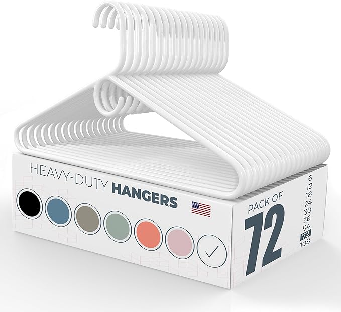 Neaties Heavy Duty Clothes Hangers 50+ Pack (72 Count) – Made in The USA – 8lb Capacity Plastic Hangers for Adult Clothing – Durable for Pants, Coats, Jackets, or Jeans – White