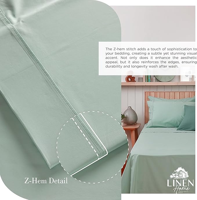 Linen Home 100% Cotton Percale Sheets Full Size, Pastel Turk, Deep Pocket, 4 Pieces Set - 1 Flat, 1 Deep Pocket Fitted Sheet and 2 Pillowcases, Crisp Cool and Strong Bed Linen