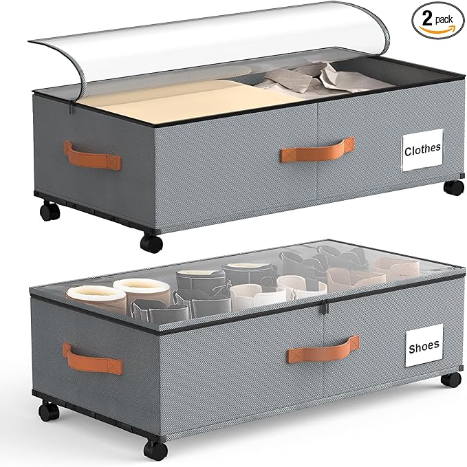 Under Bed Storage Containers with Wheels, 9.5 inches Higher Underbed Shoes Blankets Clothes Toy Storage Drawers for College Dorms Bedrooms Nursery Rooms Organization, 2 Pack to be Assembled
