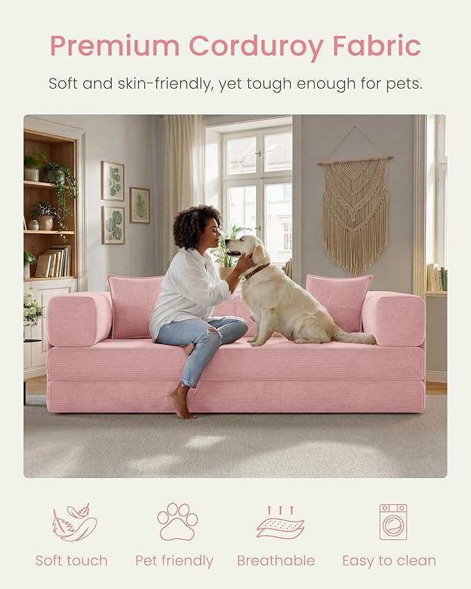 78.8" Convertible Futon Sofa Bed,Corduroy Futon Couch with Storage Pocket,Folding Pull Out Sofa,No Assembly Boneless Couch for Living Room | Pink