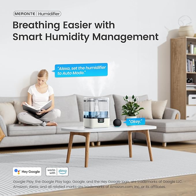 Smart Humidifiers for Bedroom Large Room Home, 6L Cool Mist Top Fill Humidifier with Essential Oil Diffuser, Smart App & Voice Control, for Nursery & Plants, Ivory, 1 Pack + 7 Color NightLight