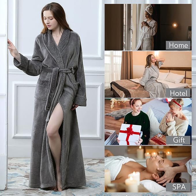 Artfasion Womens Long Fleece Robe - Warm Soft Floor Length Flannel Bathrobes for Winter Thicker Long House Coat with Pockets