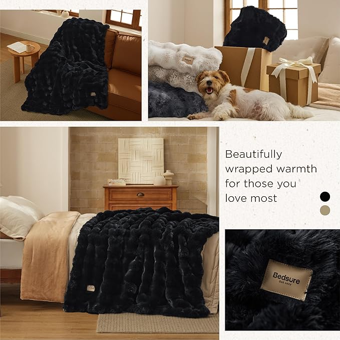 Bedsure GentleSoft Fluffy Faux Fur Blanket Twin Size, Fuzzy Soft Bubble Blanket for Couch, Home Decor Gifts for Bedroom Living Room, Thick Furry Cozy Gifts for Women, Black, 60x80 Inch