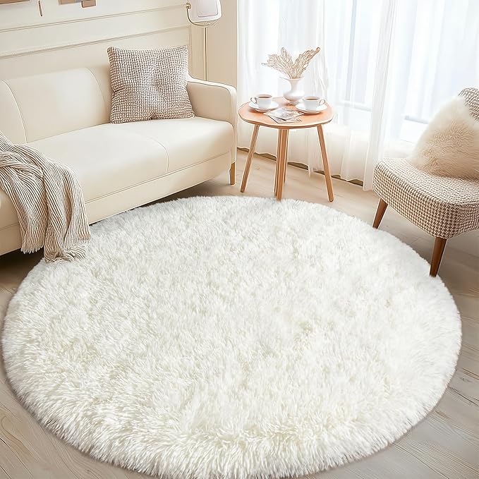 Round White Rug for Bedroom, 5 ft Circle Area Rugs for Living Room, Soft Fluffy Shag Carpet for Teen Girls Boys Nursery Room Dorm Home Decor Aesthetic