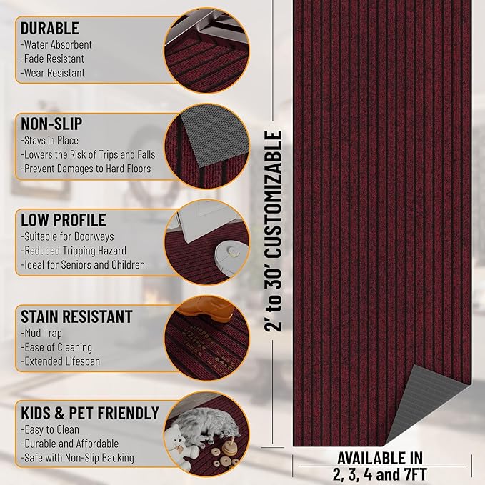 Ottomanson 2'7" x 8' Hallway Runner with Scraper Pile Extra Durable Non-Slip Rug Mat for Indoor & Outdoor Use - Ideal for Kitchen, Entryway, Patio & Garage - High-Traffic Carpet, Red