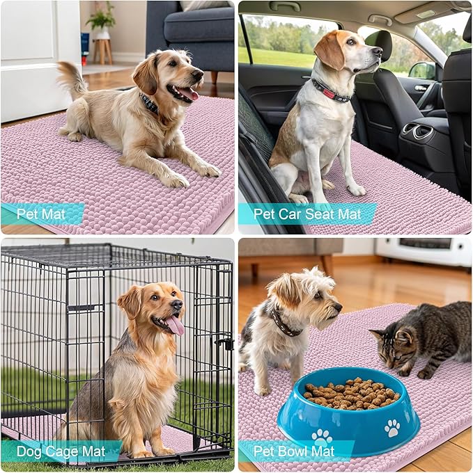 OLANLY Dog Door Mat for Muddy Paws 59x24, Absorbs Moisture and Dirt, Absorbent Non-Slip Washable Doormat, Quick Dry Chenille Mud Mat for Dogs, Entry Indoor Entryway Carpet for Inside Floor, Dusty Rose