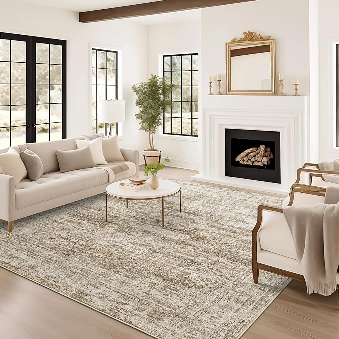 12x15 Washable Area Rug Brown Neutral Abstract Living Room Large Carpet Non Slip Bedroom Indoor Office Dining Room Low Pile Thin Rug