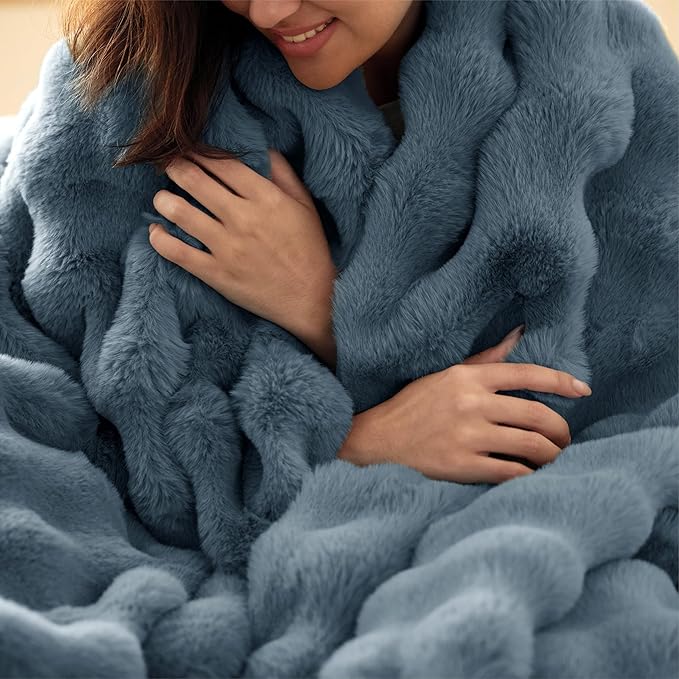Bedsure GentleSoft Fluffy Faux Fur Blanket Twin Size, Fuzzy Soft Bubble Blanket for Couch, Home Decor Gifts for Bedroom Living Room, Thick Furry Cozy Gifts for Women, Greyish Blue, 60x80 Inch