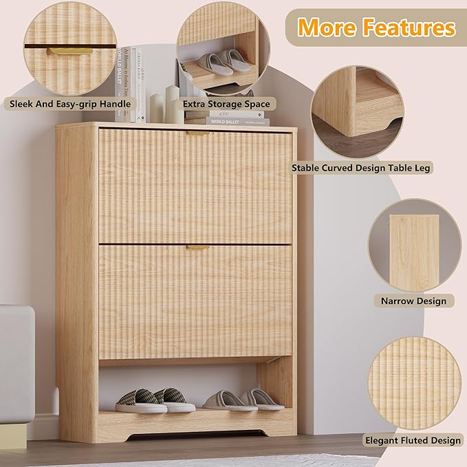 Shoe Cabinet with 2 Flip Drawers, Fluted Shoe Storage Cabinet with Adjustable Shelves, Freestanding Rack and Organizer for Entryway, Hallway