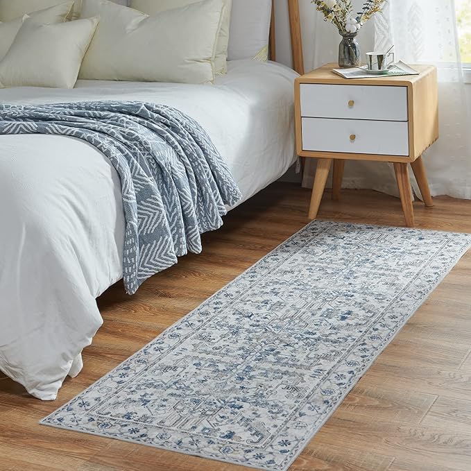 jinchan Lima Runner Rug 2x5 - Vintage Hallway Machine Washable Rug Floral Non Slip with Rubber Backing Ultra-Thin Carpet Runner for Kitchen Bedroom Laundry Room Farmhouse Entryway (2x5ft, Blue)