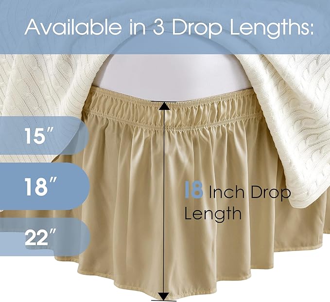 FreshCulture Twin Bed Skirt, Elastic Wrap Around Bed Skirt Twin Size, Bed Skirts for Adjustable Bed, Easy Fit with 18 Inch Drop Length, Hotel Quality Dust Ruffle for Twin Bed (Beige)