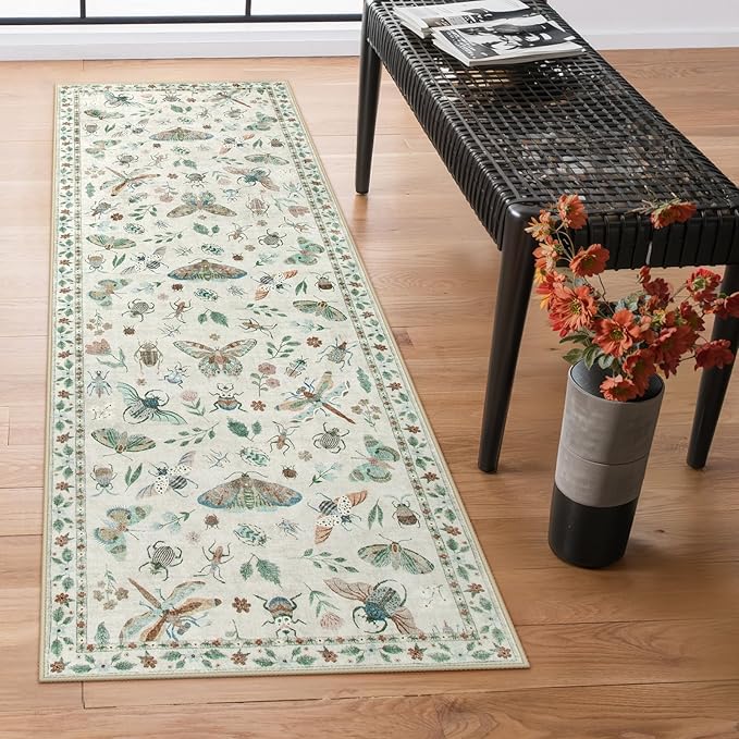 Lahome Insect Kitchen Runner Rugs Non Skid Washable, 2x6 Soft Washable Runner Non Slip, Ultra-Thin Hallway Rug Stain Resistant Carpet for ‎Laundry Bathroom Bedroom(2x6ft,Beige)