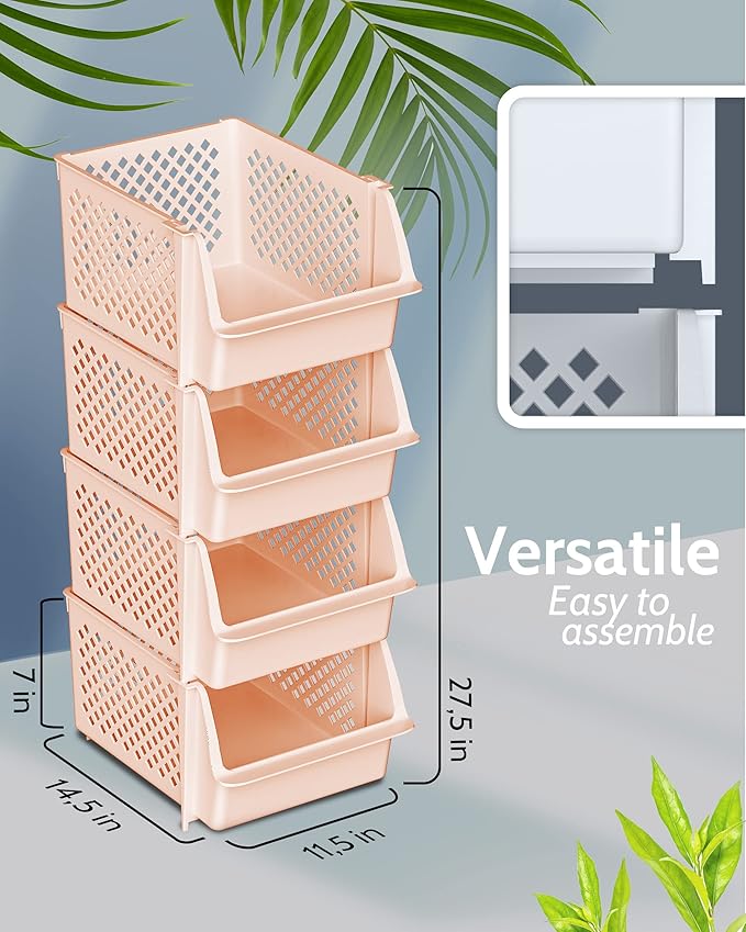 TidyFriend Stackable Storage Bins for Pantry, 4 Pack Stackable Bins For Organizing Food, Kitchen, and Bathroom Essentials (Cream)