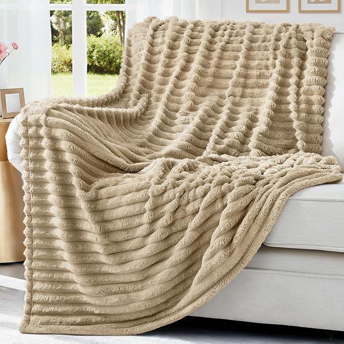 decorUhome Christmas Soft Fleece Light Brown Blanket King Size for Bed, Cozy Fluffy Plush Flannel Large Striped Throws for Couch Sofa, Lightweight Decorative Fuzzy Blanket for Woman, 108x90 Inches