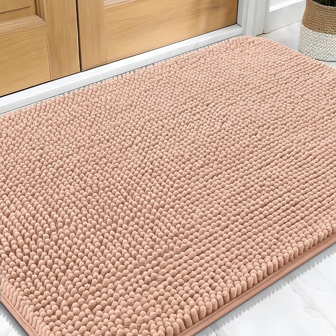 OLANLY Dog Door Mat for Muddy Paws 30x20, Absorbs Moisture and Dirt, Absorbent Non-Slip Washable Doormat, Quick Dry Chenille Mud Mat for Dogs, Entry Indoor Entryway Carpet for Inside Floor, Peach