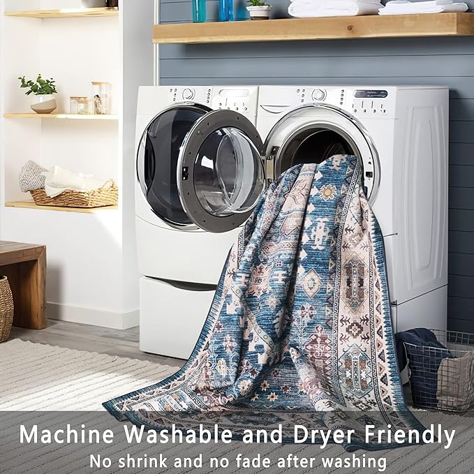 vivorug Blue Runner Rug 2'x8' Vintage Washable Non-Slip Runners for Hallways Kitchen Entryway Laundry Room Carpet Hallway Runner