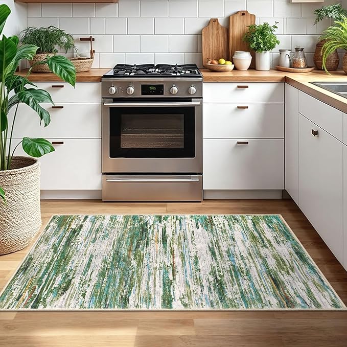 3x5 Modern Abstract Area Rug for Entryway, Green Grey Multi Super Soft Washable Rug with Non-Slip, Low-Pile Door Mat Indoor for Living Room Bedroom, Carpet with Non-Shedding