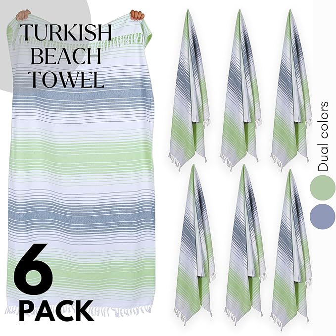 Native Fab Beach Towels Set - Green Striped Hammam Towel - 6 Pack - 40"x71" - Quick Dry, Absorbent, Thin, Sand Resistant - 100% Cotton Turkish Towel for Adults, Bath, Pool - Green and White