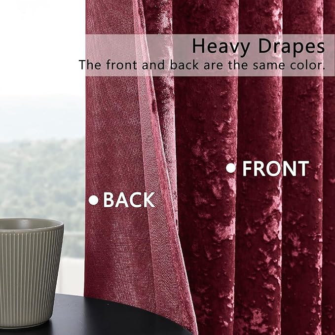 SMILETIME Burgundy Red Crushed Velvet Curtains 52x96 inch Luxurious Thermal Insulated Soundproof Drapes for Living Room Bedroom Office Soft and Durable Light-Filtering Window Treatments, 2 Panels