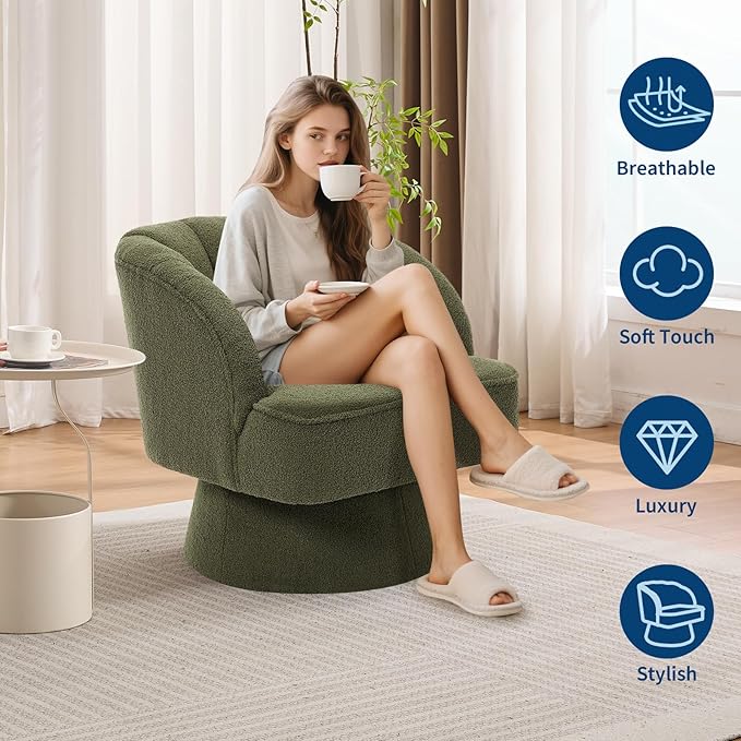 GarveeHome Modern Swivel Barrel Accent Chair, 360° Teddy Fabric Upholstered Armchair with Striped Backrest & Plush Padding, Comfy Round Lounge Chair for Living Room, Bedroom, Reading Nook, Green 2 PCS