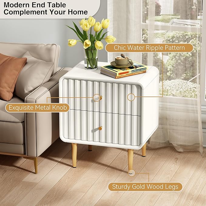 HLR Modern Nightstand, Fluted Bed Side Table with 2 Drawers Storage, Wood End Table with Gold Metal Handle, White Night Stands for Bedroom