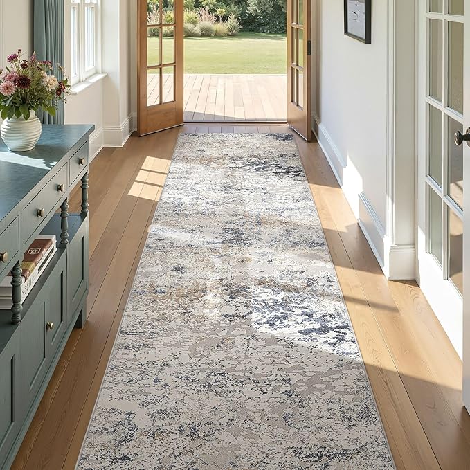 3x10 Washable Runner Rug for Hallway: Soft Neutral Modern Abstract Low Pile Rug Indoor - Carpet for Bedroom Dining Room Kitchen Entryway - Beige Blue