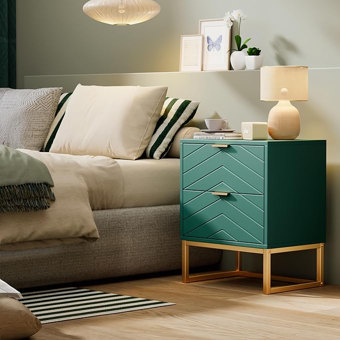 Anbuy 3 Pieces Bedroom Sets, 6 Drawer Dresser and Nightstand Sets for Bedroom, Night Stand Set of 2 & 6 Drawer Dresser with Gold Handles, Morden Wood Chest of Drawers Storage Cabinet Set, Green