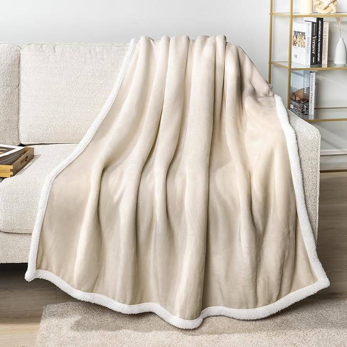 PAVILIA Sherpa Fleece Throw Blanket for Couch, Twin Size, Cream Beige, Plush Soft Fuzzy Sofa Blanket, Cozy Reversible Winter Throw for Women Men, 60x80 Inches
