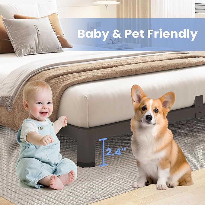 ROIL 4 inch King Size Bed Frame Metal Platform No Box Spring Needed with Round Corner Legs Mattress Stoppers Retainers 3500LBS Heavy Duty Steel Slats Noise-Free