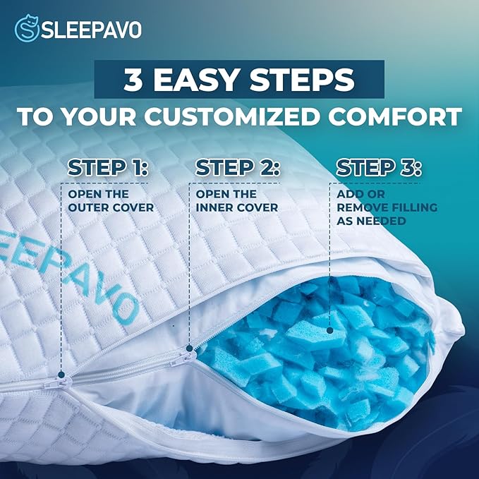 Adjustable Shredded Memory Foam Pillow Queen Size - Soft or Firm Rayon Derived from Bamboo Pillow for Side Sleeper, Stomach & Back - Cold Cooling Gel Bed Pillows for Sleeping Comfortable Pillows