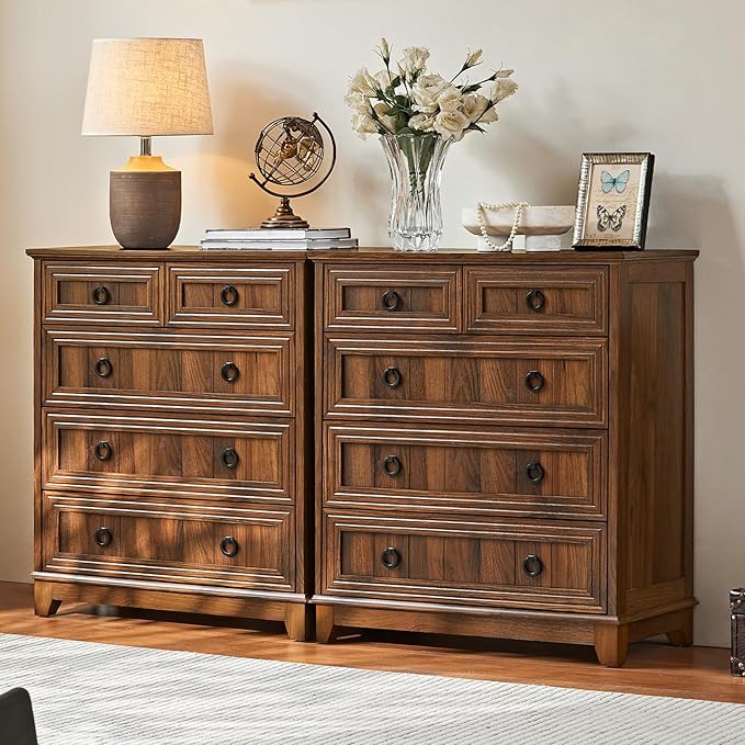 Farmhouse 5 Drawer Dresser for Bedroom Set of 2, 33.2" Tall Small Dressers & Chest of Drawers, Rustic Wood Dresser with Metal Handle, Storage Organizer Closet for Living Room, Hallway,Entryway