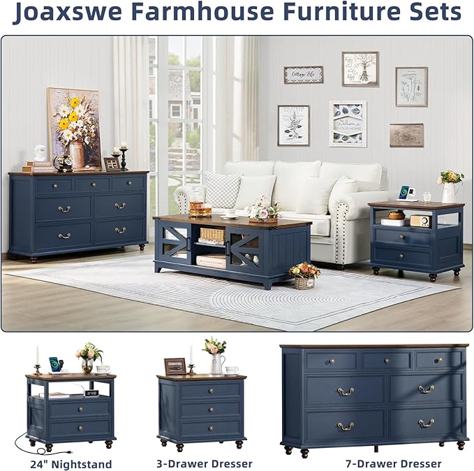 Farmhouse Furniture Set, Nightstands Set of 2 and 7 Drawers Dresser for Bedroom, 54 Inch Wide Wood Dresser and 24" Night Stands with Charging Station for Bedroom, Living Room, Hallway