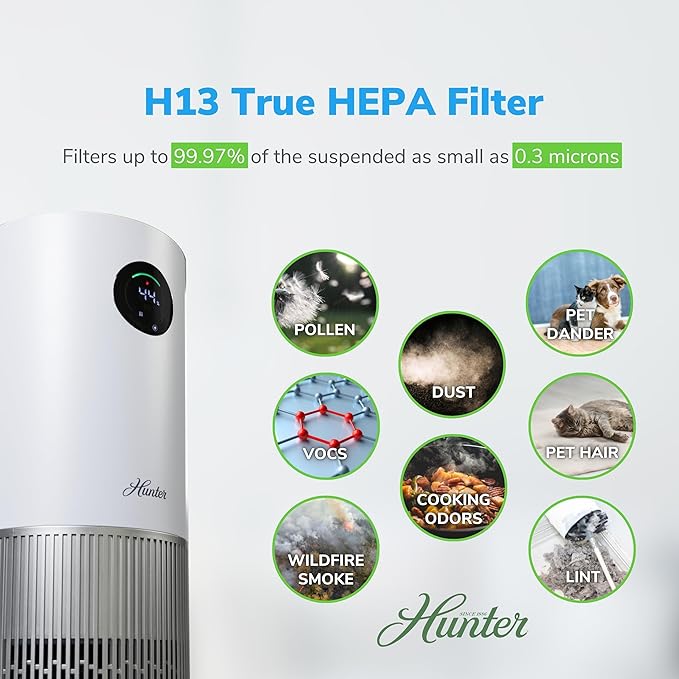Hunter Fan Company Humidifier and Air Purifier In One, Advanced Filtration Air Purifiers for Home, Air Purifiers for Home Pets, Humidifiers for Bedroom and Humidifiers for Bedroom Baby, White/Silver