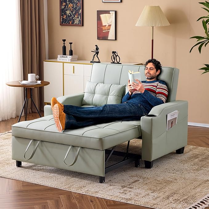 VINGLI Light Green Futon Sofa Bed Convertible Loveseat Sleeper Couch, Faux Leather Pullout Sofa Fold Out Couch Bed with USB Ports, Cup Holders, Armrest for Living Room, Bedroom Apartment Room