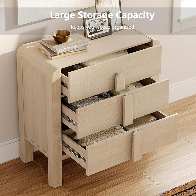 WAMPAT Modern 3-Drawer Nightstand Set of 2, 31.5" Tall Nightstand End Table w/Curved Profile Design,Wooden Dresser with Large Chest of Drawers,Bed Side Table for Bedroom,Living Room, Light Oak